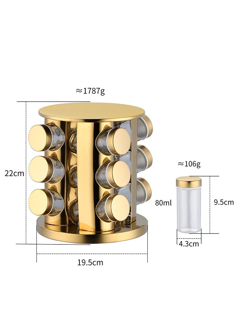 Gold Spice Rack, Rotating Spice and Seasoning Rack for Countertop with 12 Jars, Gold Stainless Steel Revolving Storage Organizer for Spices and Seasonings