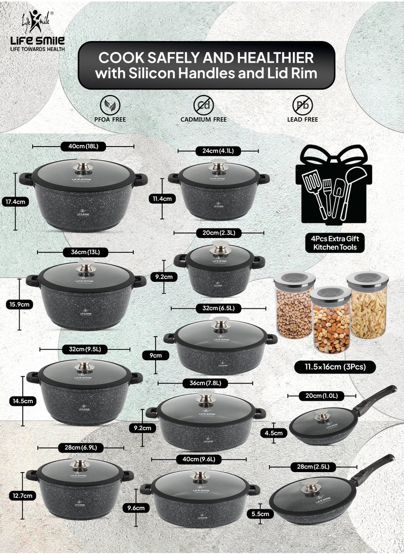 LIFE SMILE Cookware Set - Pots and Pans set Granite Non Stick Coating 100% PFOA FREE, Induction Base Cooking Set with Removable Silicone Handles - Oven Safe (Black, 47 Pieces)
