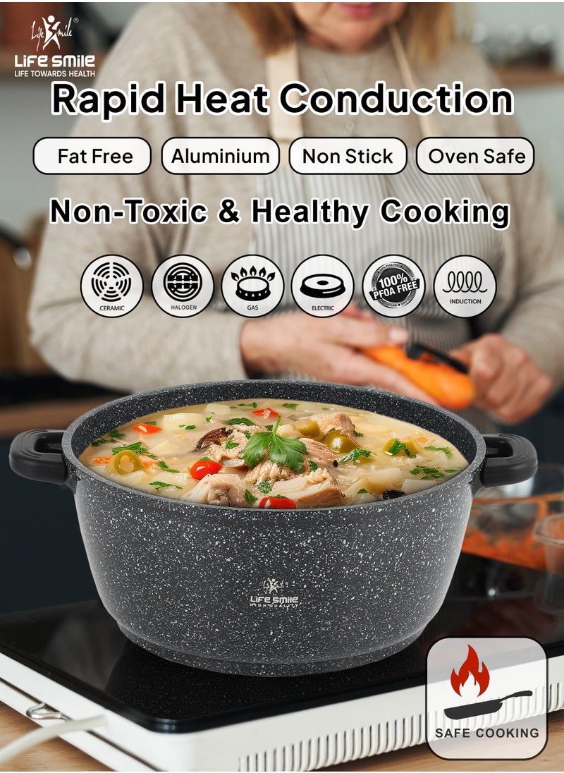 LIFE SMILE Cookware Set - Pots and Pans set Granite Non Stick Coating 100% PFOA FREE, Induction Base Cooking Set with Removable Silicone Handles - Oven Safe (Black, 47 Pieces)