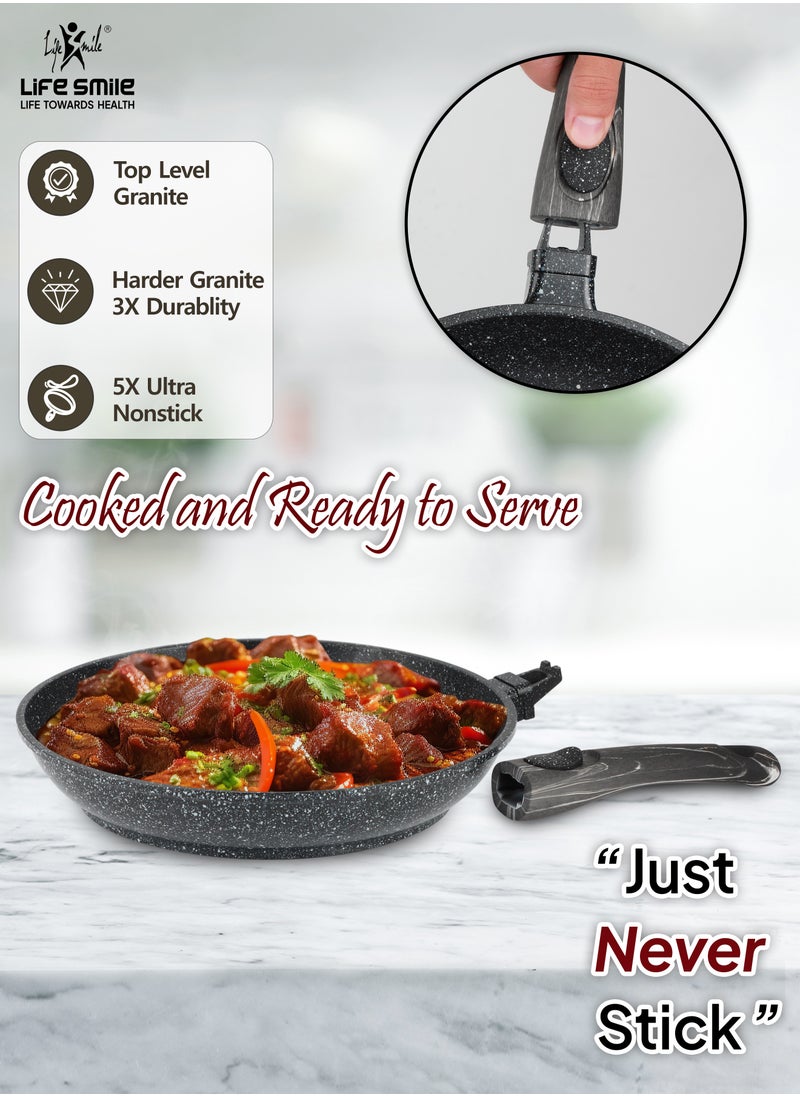 LIFE SMILE Cookware Set - Pots and Pans set Granite Non Stick Coating 100% PFOA FREE, Induction Base Cooking Set with Removable Silicone Handles - Oven Safe (Black, 47 Pieces)
