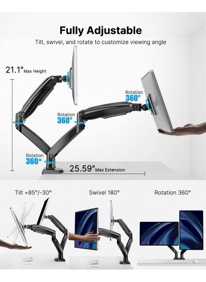 HUANUO Dual Monitor Stand for 13 to 35 inch, Premium Dual Monitor Mount with USB, Height Adjustable Monitor Stands for 2 Monitors VESA Bracket with Clamp/Grommet Base, Each Arm Hold up to 26.4lbs