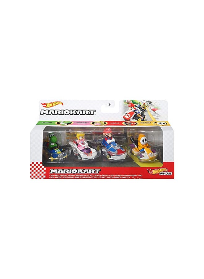 Hot Wheels Mario Kart Vehicle 4-Pack, Set of 4 Fan-Favorite Characters Includes 1 Exclusive Model, Collectible Gift for Kids & Fans Ages 3 Years Old & Up