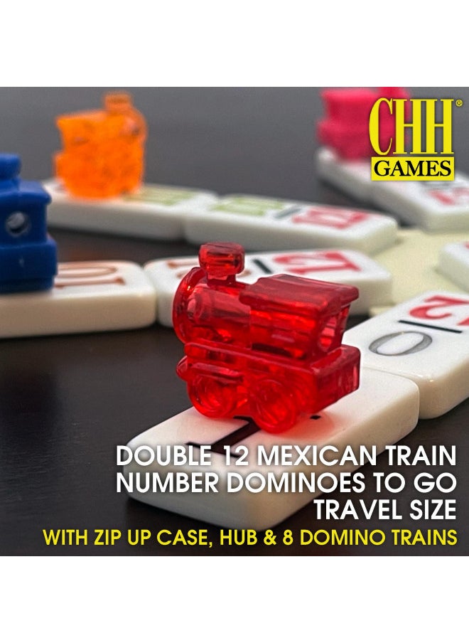 Double 12 Mexican Train Number Dominoes to Go Travel Size with Zip Up Case, Hub & 8 Domino Trains