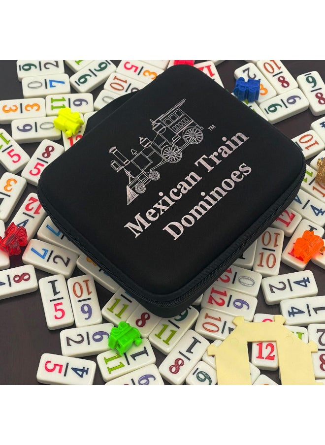 Double 12 Mexican Train Number Dominoes to Go Travel Size with Zip Up Case, Hub & 8 Domino Trains