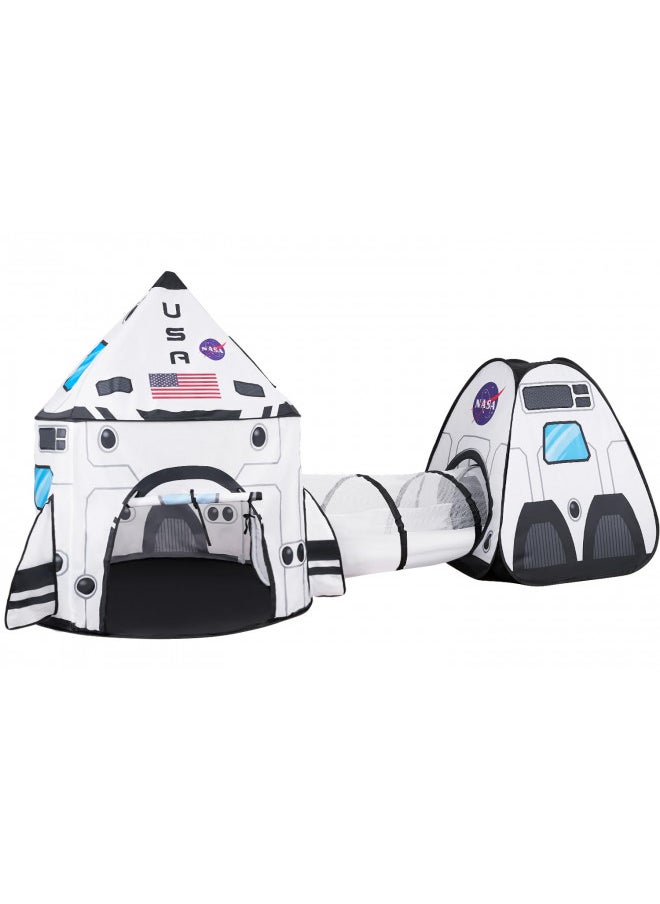 JOYIN White Rocket Ship Pop up Play Tent with Tunnel and Playhouse Kids Indoor Outdoor Spaceship Tent Set