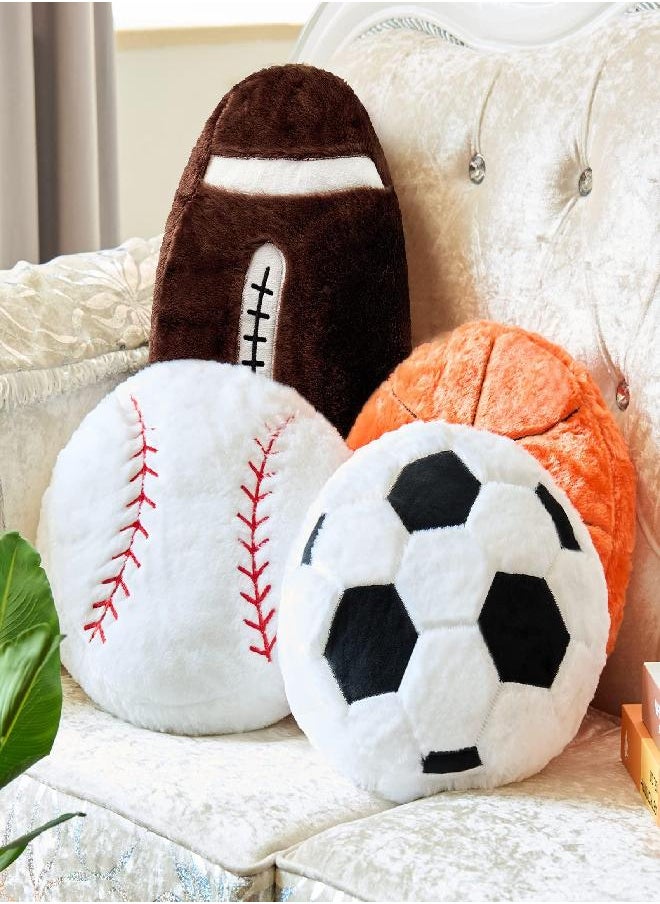 4 Pcs Sports Throw Pillows Fluffy Stuffed Soccer Ball Plush Pillow Soft Stuffed Basketball Plush Pillows Baseball Soft Throw Pillow Football Shaped Plush Toy Sport Theme Cushion for Bedroom Decoration