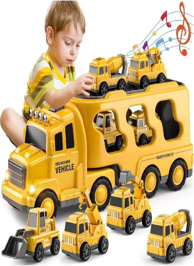 TEMI Construction Toddler Truck Toys for 3 4 5 6 Year Old Boys - 5-in-1 Friction Power Vehicle Car Toy for Toddlers 1-3, Carrier Truck Toys for Kids 3-5, Christmas Girls Age 3-9