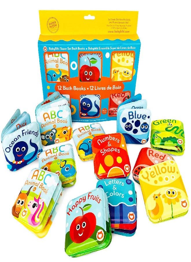 Super Bath Book Set of 12 (Fruits, Ocean Friends, ABC, Numbers Books; Color Recognition Bath Books Including Yellow, Green, Red and Blue Color Topics, ABC Animal Bath Books.