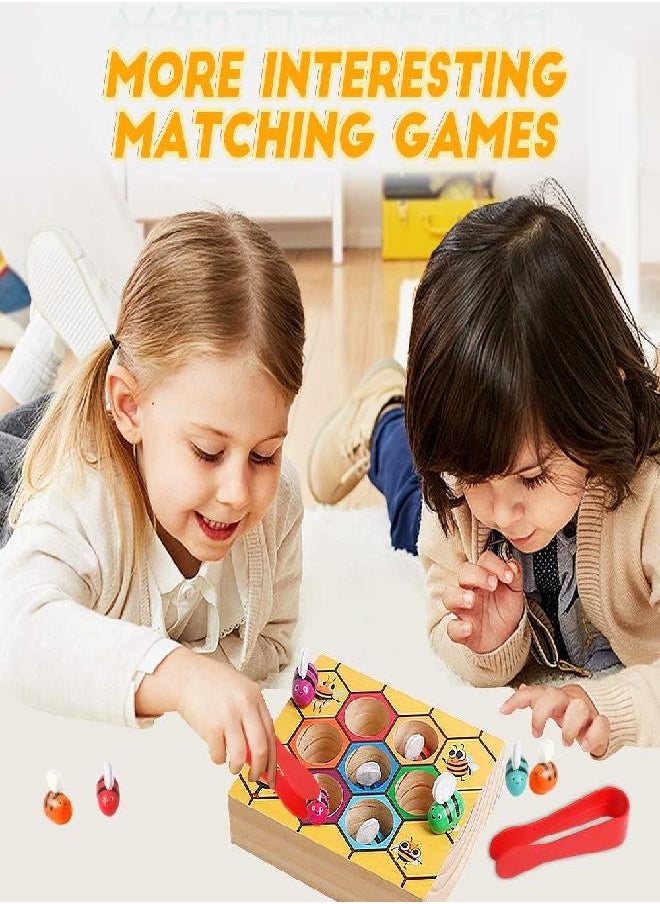 kizh Fine Motor Toys, Clamp Bee to Hive Matching Game Toddler Learning Toys Montessori Wooden Lovely Bee Hive Toys Color Sorting for Baby Early Educational Game Toy for 3 4 5 Years Old Kids