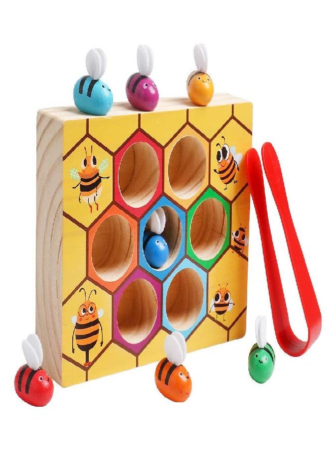 kizh Fine Motor Toys, Clamp Bee to Hive Matching Game Toddler Learning Toys Montessori Wooden Lovely Bee Hive Toys Color Sorting for Baby Early Educational Game Toy for 3 4 5 Years Old Kids