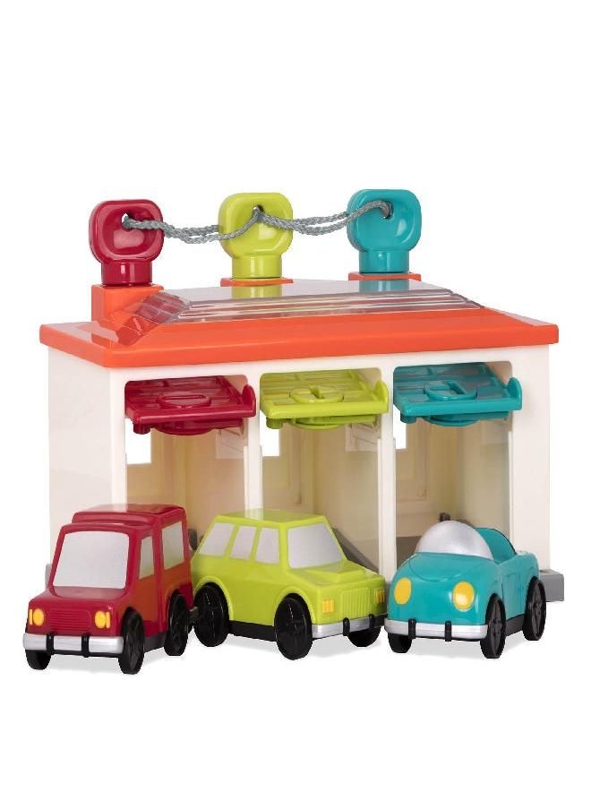 Battat - 3 Car Garage - Shape Sorting Toy Garage with Keys and 3 Toy Cars for Toddlers 2 years + (5-Pcs)