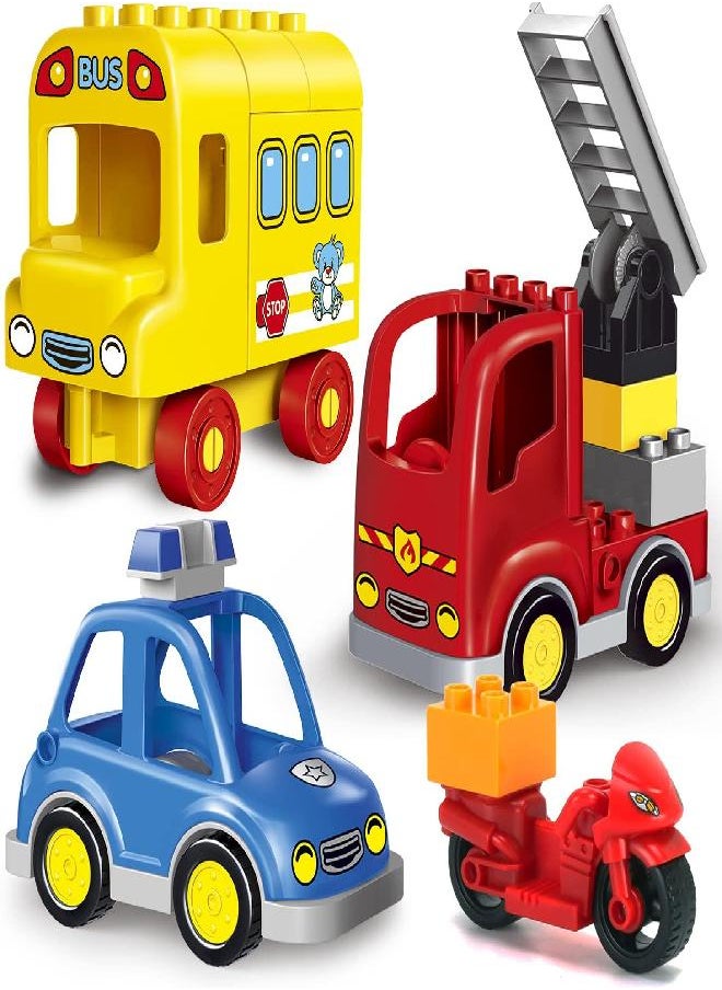 4-Pack Multi Vehicles Transportation Set - Big Building Blocks Compatible with Lego Duplo - Police Car, Fire Truck, School Bus, Motorcycle Accessories Kids Early Education Toys
