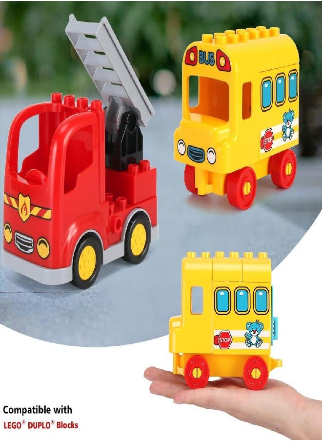 4-Pack Multi Vehicles Transportation Set - Big Building Blocks Compatible with Lego Duplo - Police Car, Fire Truck, School Bus, Motorcycle Accessories Kids Early Education Toys
