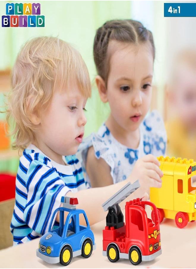 4-Pack Multi Vehicles Transportation Set - Big Building Blocks Compatible with Lego Duplo - Police Car, Fire Truck, School Bus, Motorcycle Accessories Kids Early Education Toys