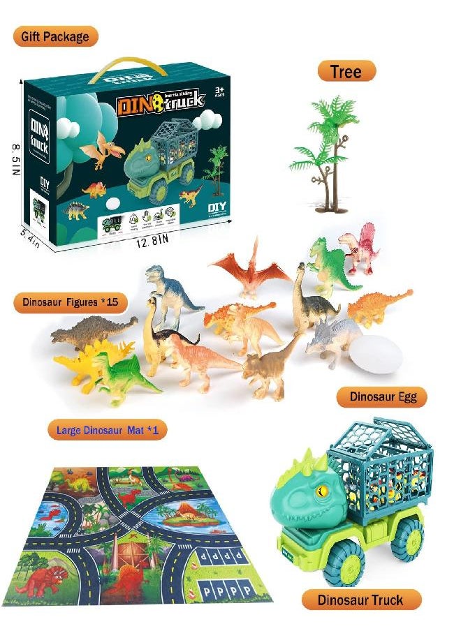 HONGID Dinosaur Truck Toys for Kids 3-5, Tyrannosaurus Car Toy with 15 Dino Figures,Large Activity Play Mat, Dinosaur Eggs, Dinosaur Play Set for Boys and Girls,Christmas Xmax,Stocking Stuffers