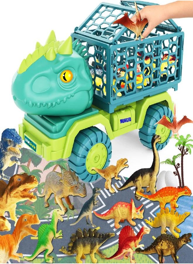 HONGID Dinosaur Truck Toys for Kids 3-5, Tyrannosaurus Car Toy with 15 Dino Figures,Large Activity Play Mat, Dinosaur Eggs, Dinosaur Play Set for Boys and Girls,Christmas Xmax,Stocking Stuffers