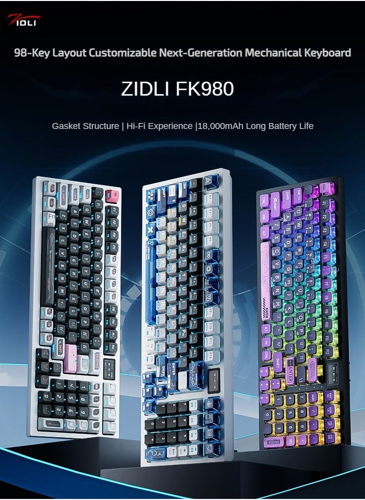 ZIDLI FK980 Custom Mechanical Keyboard with DIY Display Screen RGB Gasket Structure KTT Hyacinth Switches Wireless Triple Connectivity 98-Key Compact Layout PBT Keycaps 5 Color Variants