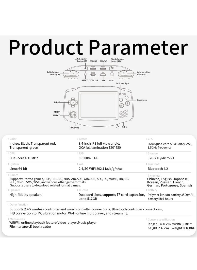 RG 34XX Handheld Game ConsoleH700 quad-core ARM  Android 13 3.4-inch IPS full-view angle 3500mAh 5G WIFI Bluetooth Retro Video Players（32G+64G）
