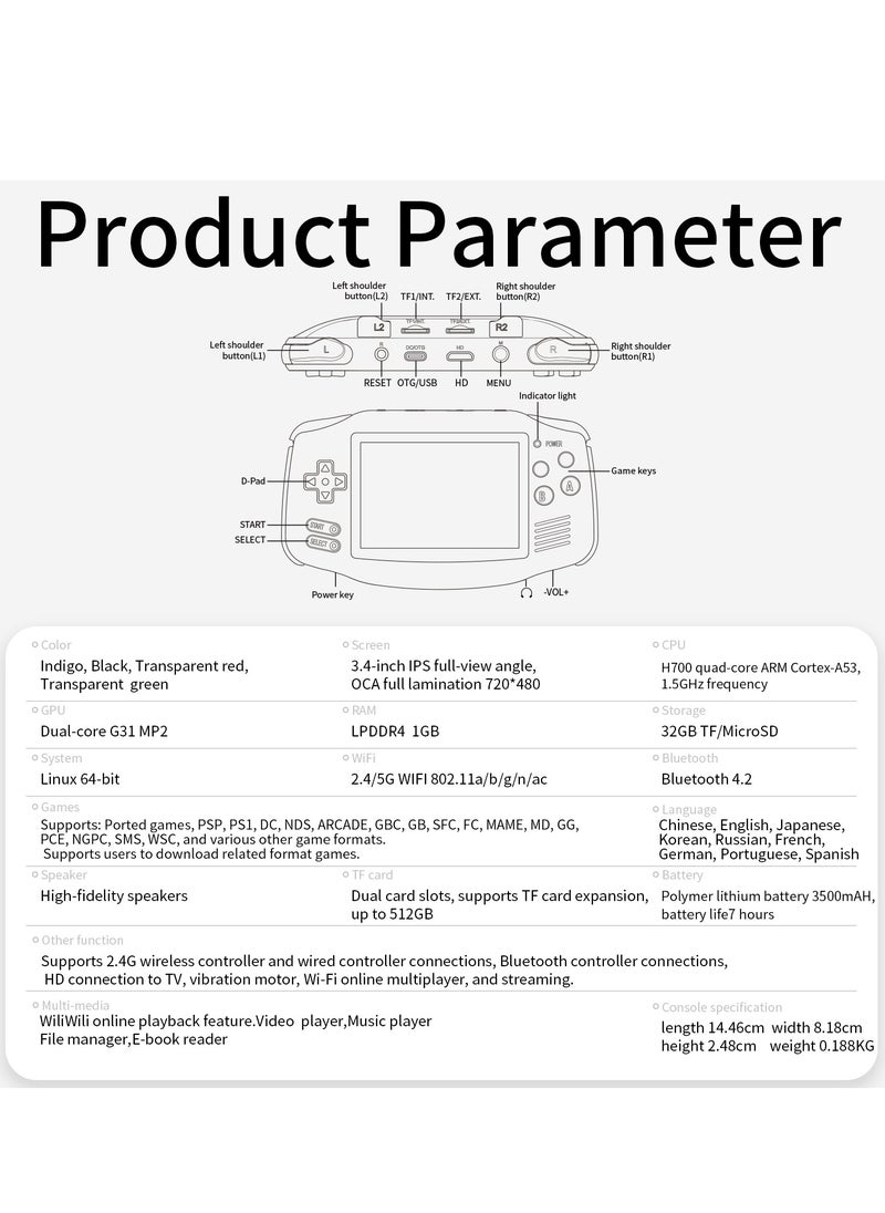 RG 34XX Handheld Game ConsoleH700 quad-core ARM  Android 13 3.4-inch IPS full-view angle 3500mAh 5G WIFI Bluetooth Retro Video Players（32G+128G）