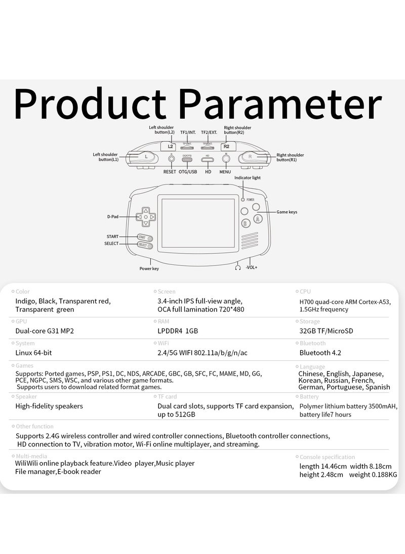 RG 34XX Handheld Game ConsoleH700 quad-core ARM  Android 13 3.4-inch IPS full-view angle 3500mAh 5G WIFI Bluetooth Retro Video Players（32G+64G）
