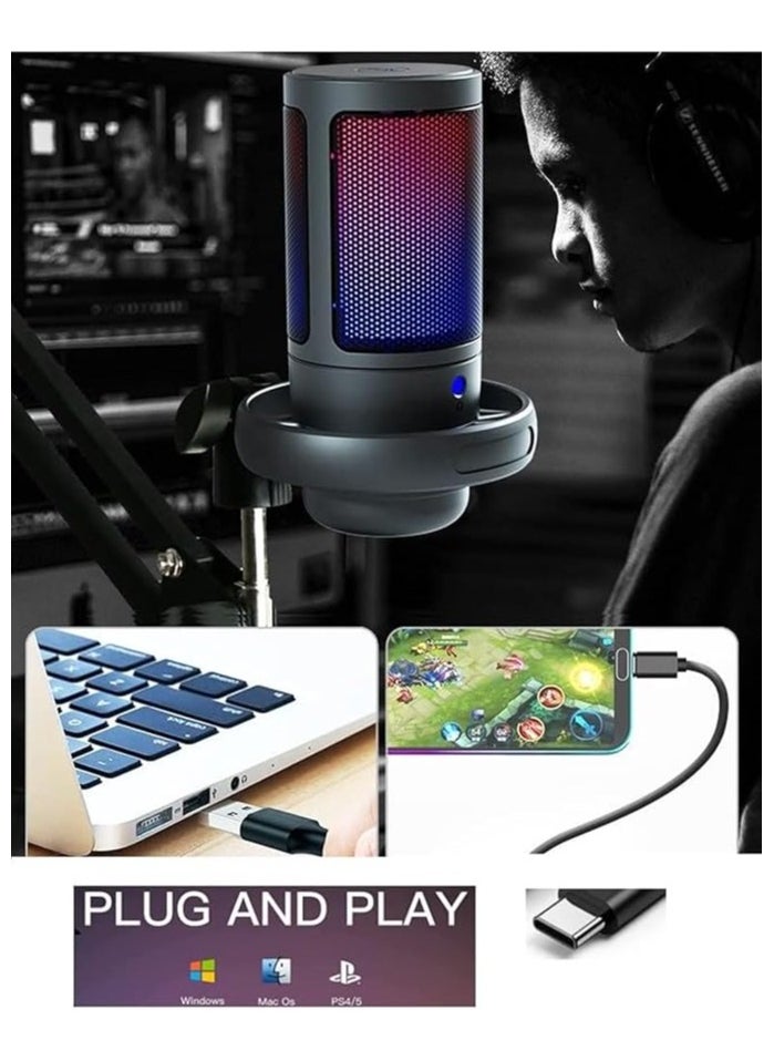 USB Gaming Microphone for PC, Condenser Mic with Boom Arm for PS4/ PS5/ Mac/Phone with Touch Mute, RGB Lighting,Gain knob & Monitoring Jack for Streaming,Podcasting,YouTube