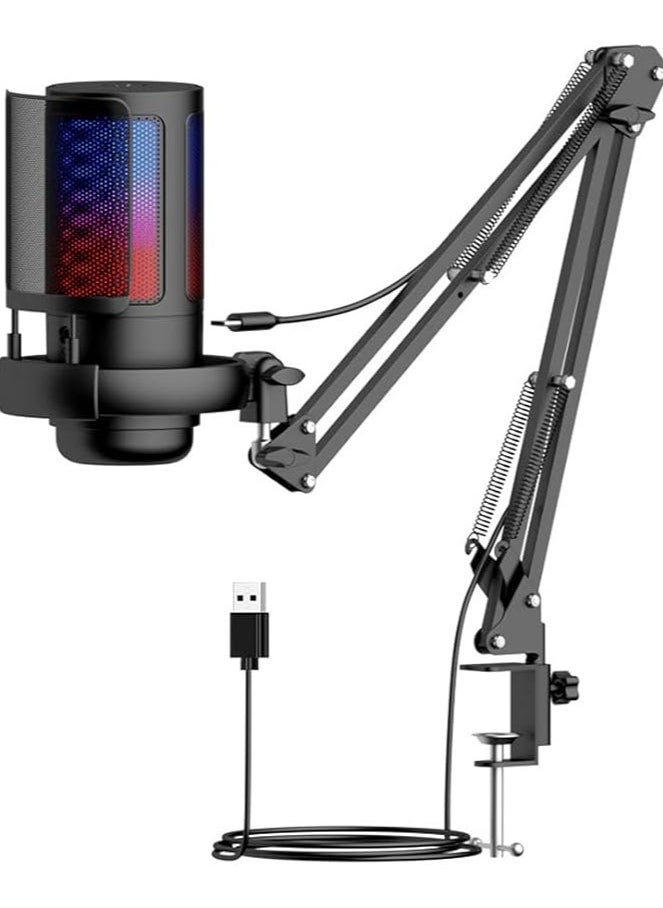 USB Gaming Microphone for PC, Condenser Mic with Boom Arm for PS4/ PS5/ Mac/Phone with Touch Mute, RGB Lighting,Gain knob & Monitoring Jack for Streaming,Podcasting,YouTube