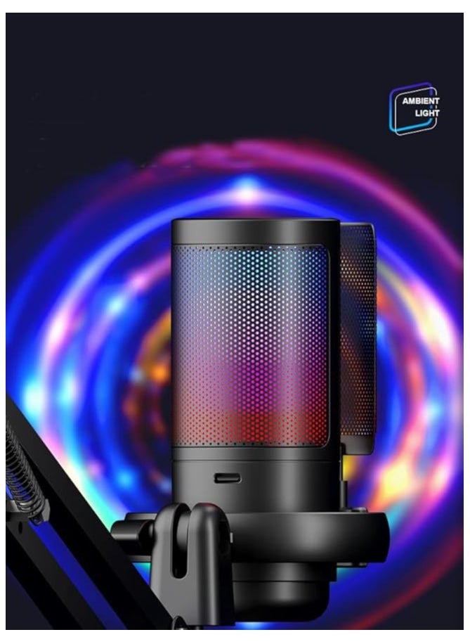 USB Gaming Microphone for PC, Condenser Mic with Boom Arm for PS4/ PS5/ Mac/Phone with Touch Mute, RGB Lighting,Gain knob & Monitoring Jack for Streaming,Podcasting,YouTube