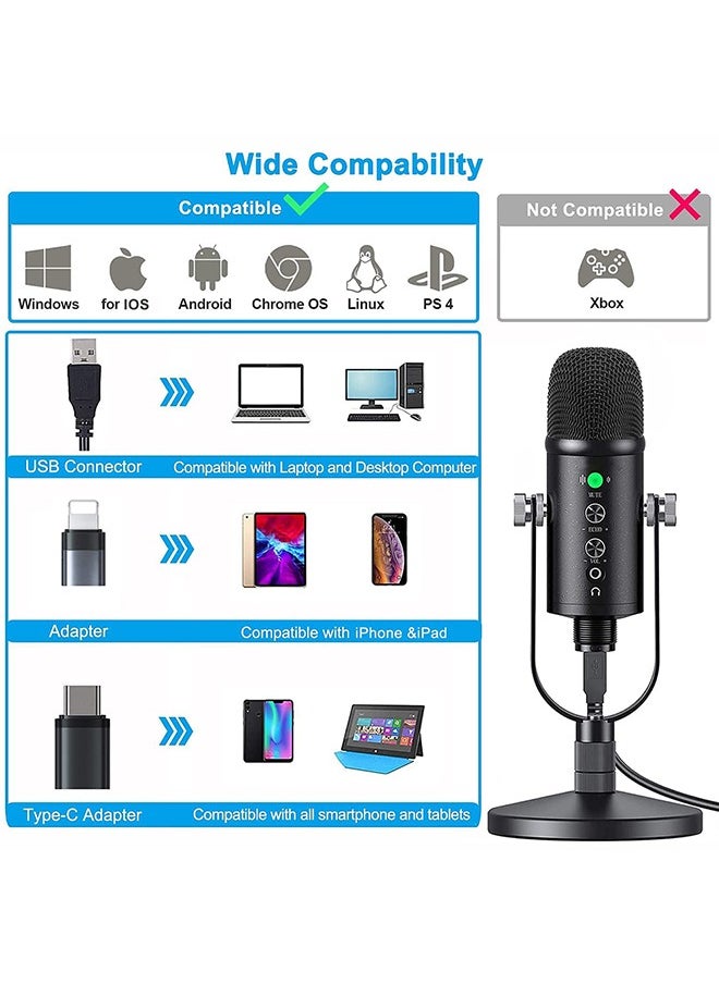USB Condenser Microphone Compatible with PC/MAC/Ps4/iPhone/iPad/Android,Computer Mic with Noise Cancelling & Reverb, Studio Microphone for Voice and Music Recording,Podcasting,Streaming,Gaming