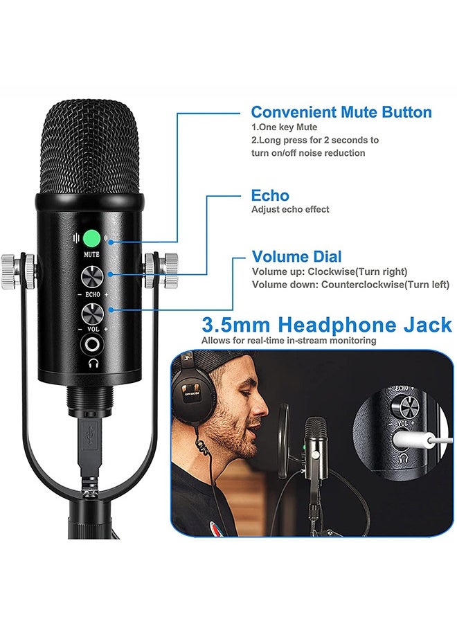 USB Condenser Microphone Compatible with PC/MAC/Ps4/iPhone/iPad/Android,Computer Mic with Noise Cancelling & Reverb, Studio Microphone for Voice and Music Recording,Podcasting,Streaming,Gaming