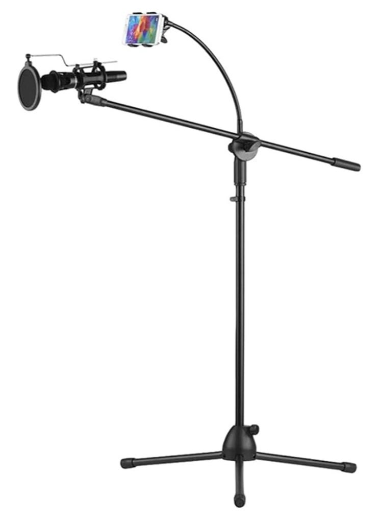 30-50 inches Metal Microphone Floor Stand with Boom Arm 360 Degree Rotating Phone Holder for iPhone/Samsung/More Mic Clip