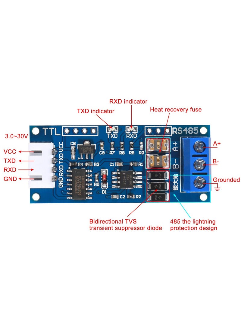 2Pack TTL to RS485 Adapter Module, 485 to TTL 3.3V/5.0V Signals Serial Port Power Supply Converter with Indicator Lights