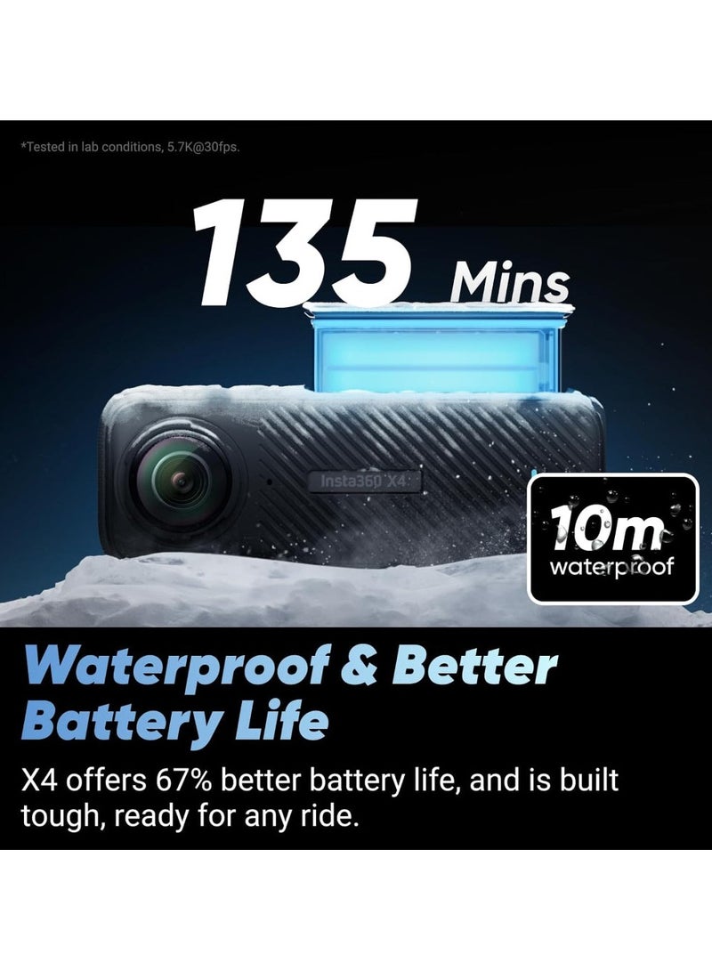 X4 Motorcycle Bundle- 8K Waterproof 360 Action Camera, 4K Wide-Angle Video, Invisible Selfie Stick, 128GB Mcard, Removable Lens Guards, 135 Min Battery Life, AI Editing, Stabilization, for Sports