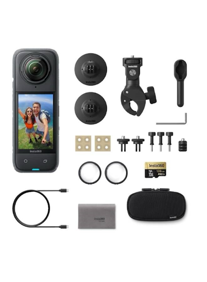 X4 Motorcycle Bundle- 8K Waterproof 360 Action Camera, 4K Wide-Angle Video, Invisible Selfie Stick, 128GB Mcard, Removable Lens Guards, 135 Min Battery Life, AI Editing, Stabilization, for Sports