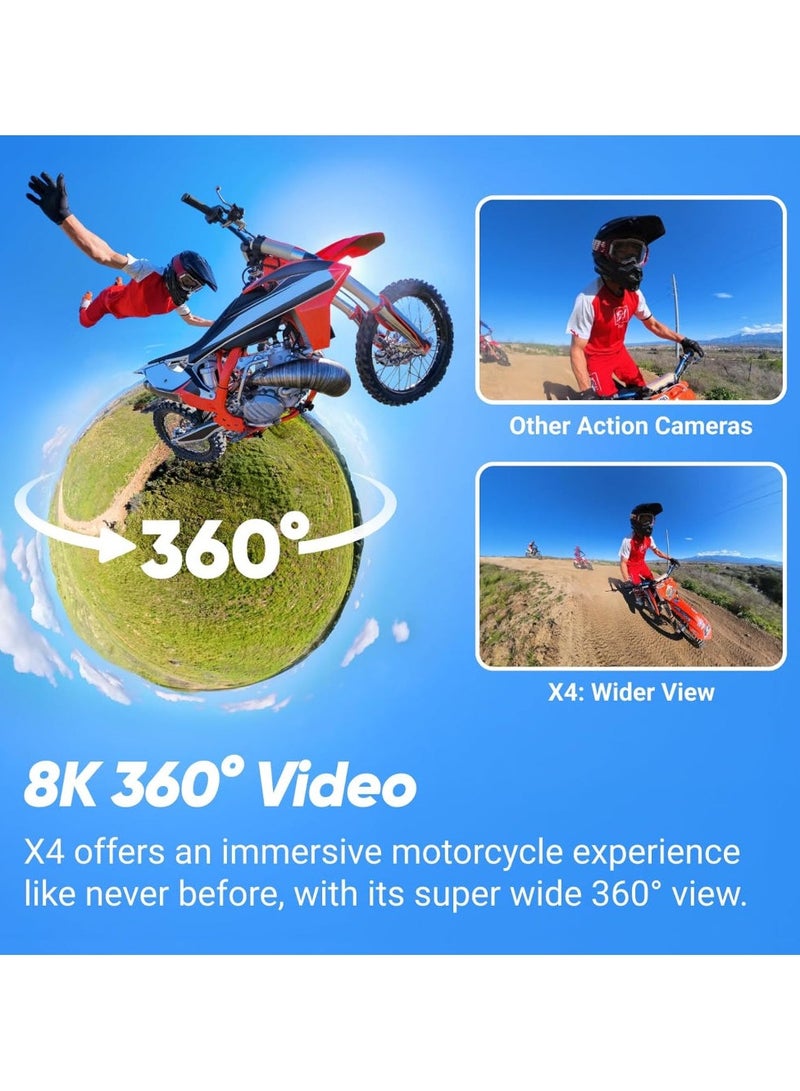 X4 Motorcycle Bundle- 8K Waterproof 360 Action Camera, 4K Wide-Angle Video, Invisible Selfie Stick, 128GB Mcard, Removable Lens Guards, 135 Min Battery Life, AI Editing, Stabilization, for Sports