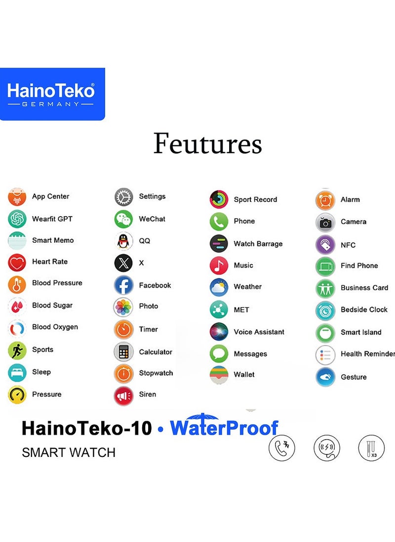 HainoTeko-10 Waterproof Smart Watch With AMOLED Display Voice Assistant Social App Integration and 3 Pair Straps Designed For Mens and Boys BlackBlack