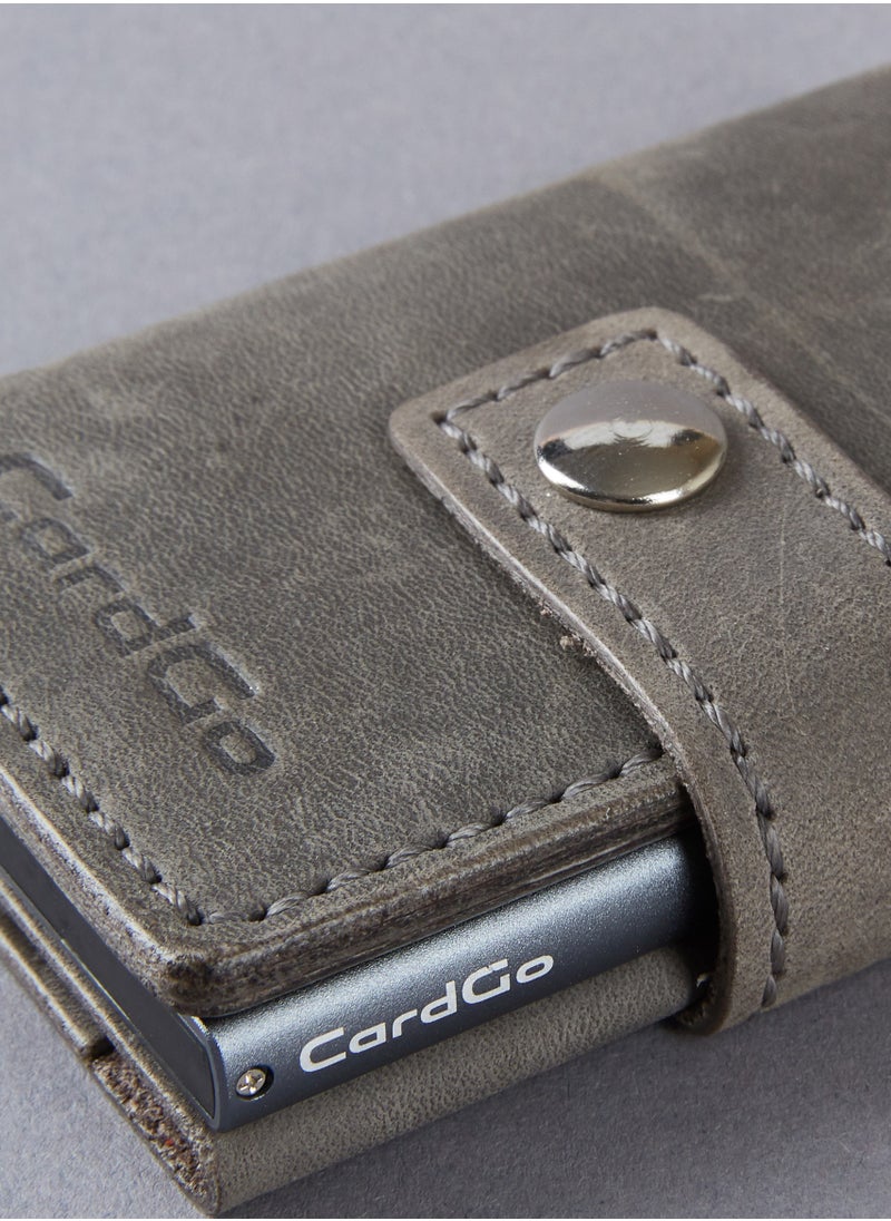 CardGo Grey Leather Wallet: Stylish handcrafted RFID-protected slim cardholder with quick-access mechanism, premium leather, compact design, and gift packaging