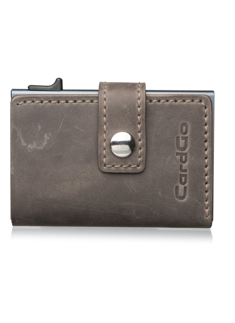 CardGo Grey Leather Wallet: Stylish handcrafted RFID-protected slim cardholder with quick-access mechanism, premium leather, compact design, and gift packaging