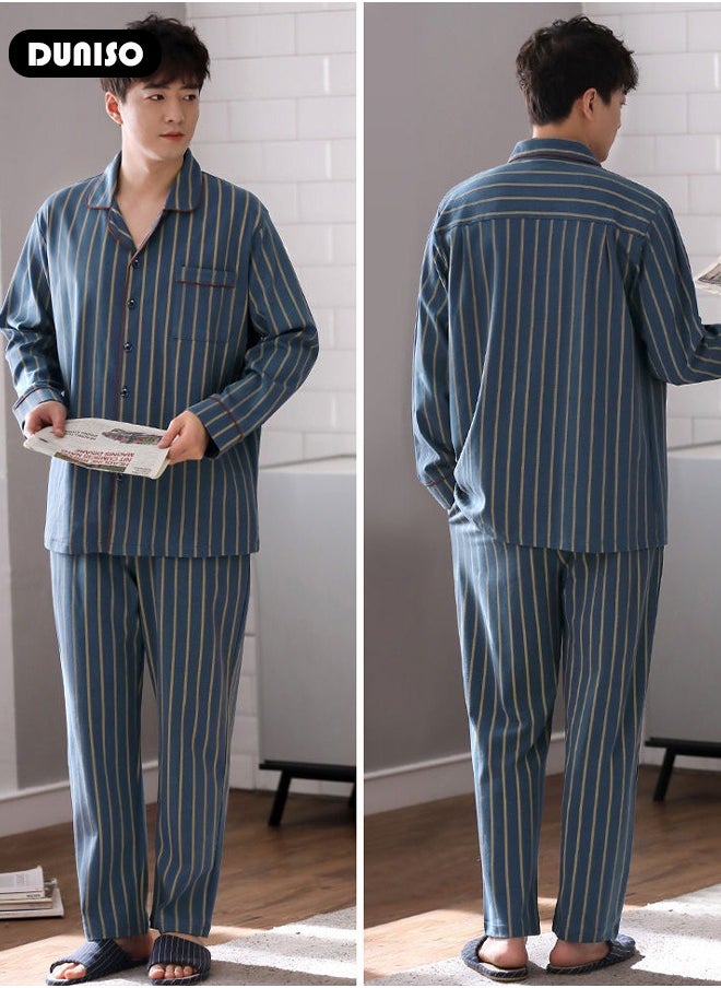 Men's Pajamas Set, Cotton Button-up Pajamas, V-Neck Long-sleeved Top with Pocket and Soft Long Pants, Comfortable Sleepwear, Casual Loungewear, Striped Homewear for Men