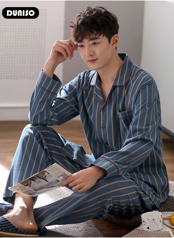 Men's Pajamas Set, Cotton Button-up Pajamas, V-Neck Long-sleeved Top with Pocket and Soft Long Pants, Comfortable Sleepwear, Casual Loungewear, Striped Homewear for Men