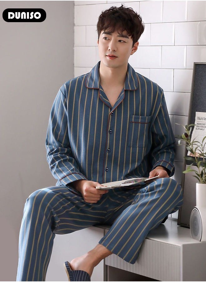 Men's Pajamas Set, Cotton Button-up Pajamas, V-Neck Long-sleeved Top with Pocket and Soft Long Pants, Comfortable Sleepwear, Casual Loungewear, Striped Homewear for Men