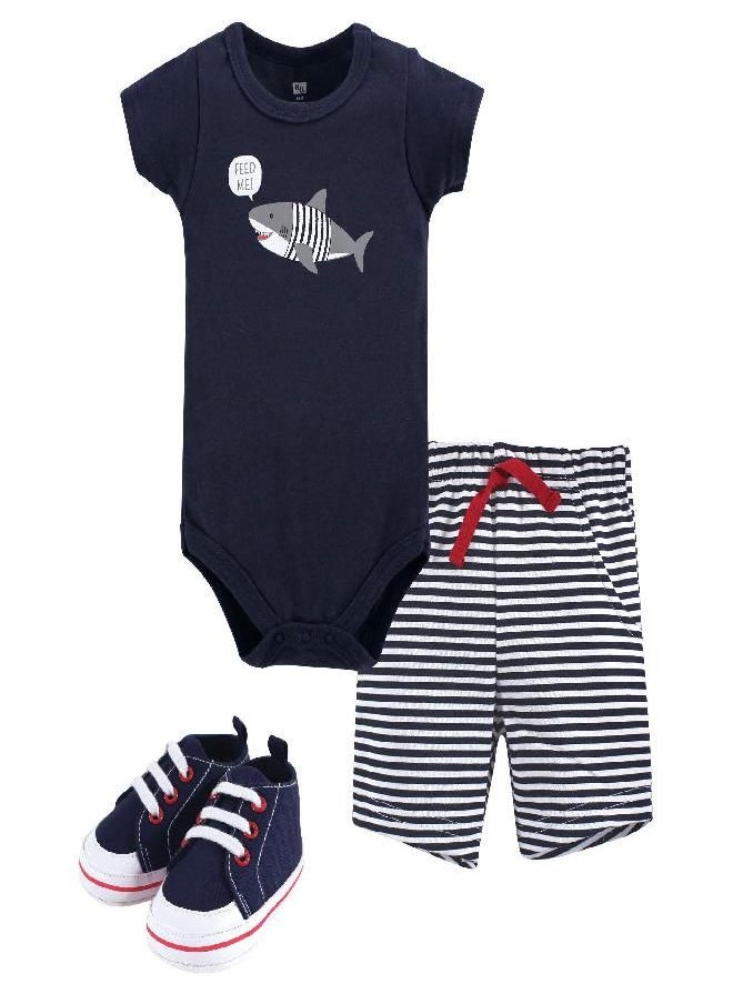 Hudson Baby Unisex Baby Cotton Bodysuit, Shorts and Shoe Set, Blue Shark, 0-3 Months