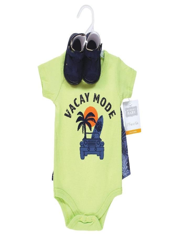 Hudson Baby Unisex Baby Cotton Bodysuit, Shorts and Shoe Set Vacay Mode, 9-12 Months