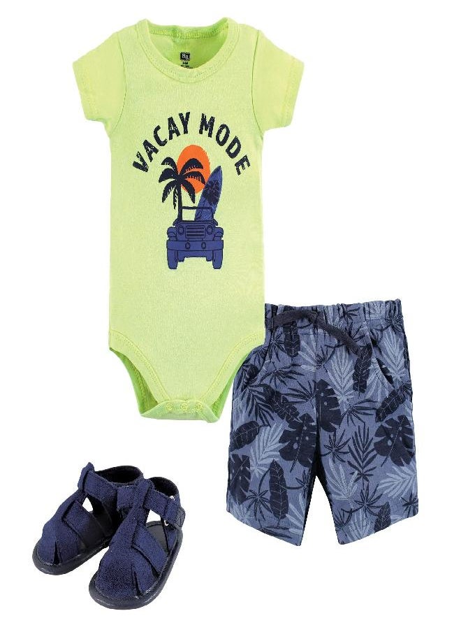 Hudson Baby Unisex Baby Cotton Bodysuit, Shorts and Shoe Set Vacay Mode, 9-12 Months