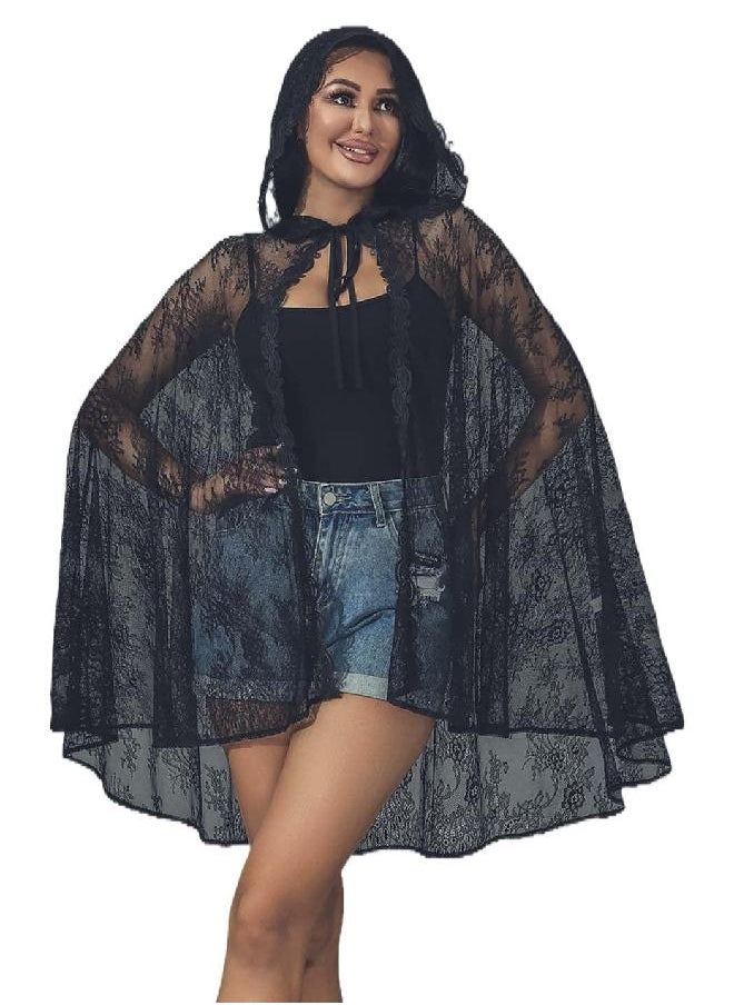 GORAIS Lace Hooded Cloak Black Womens Halloween Costumes Short Hooded Cape Cosplay Sheer Lace Cloak for Party Dresses