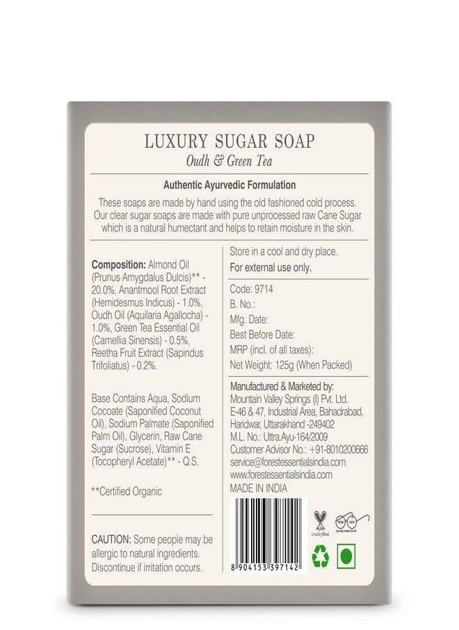 Forest Essentials Luxury Sugar Soap Oudh & Green Tea|Sulphate-Free Formula|Bar Soap For Men And Women|125 g