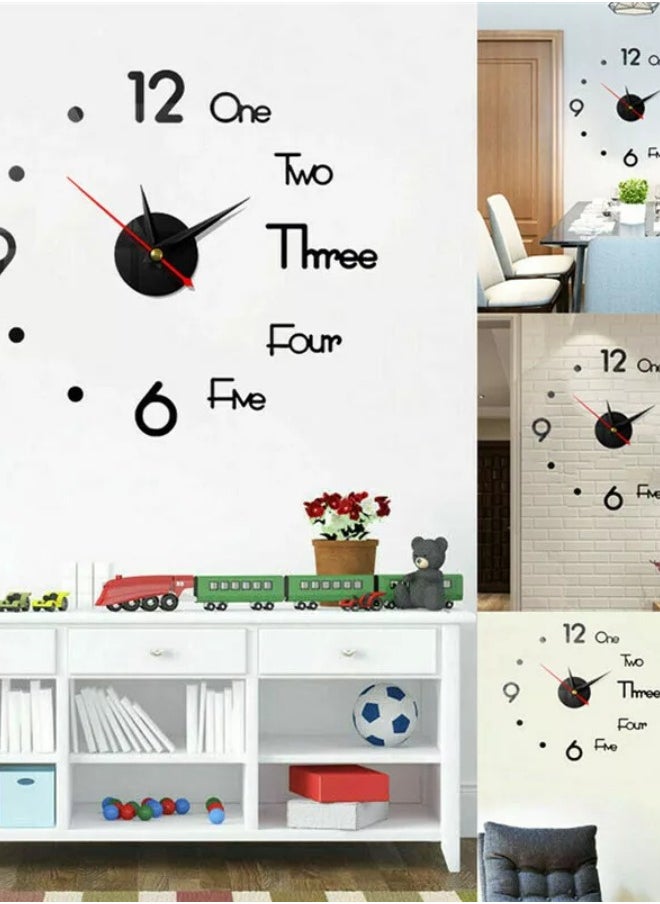 3D Modern Frameless DIY Wall Clock Large Number Stick-on Wall Clock Home Decor Black