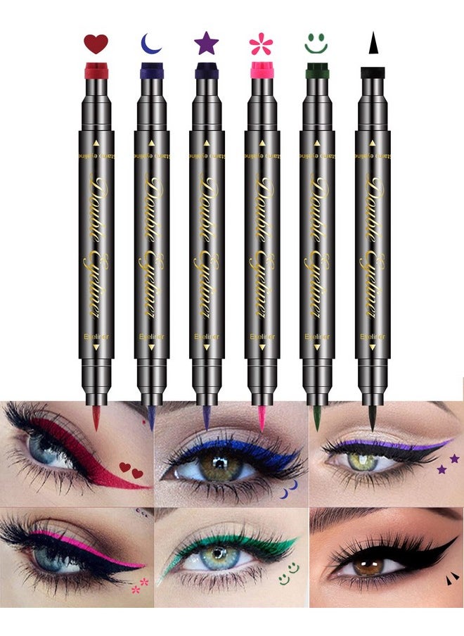 6 Pcs Double-Head Liquid Stamp Eyeliner, Colored 6 In 1 Stars Flowers Hearts Moon Smiley Face Triangle Stamps Makeup Stamp Set, Waterproof Slim Gel Felt Tip Liquid Eyeliner, Halloween Makeup