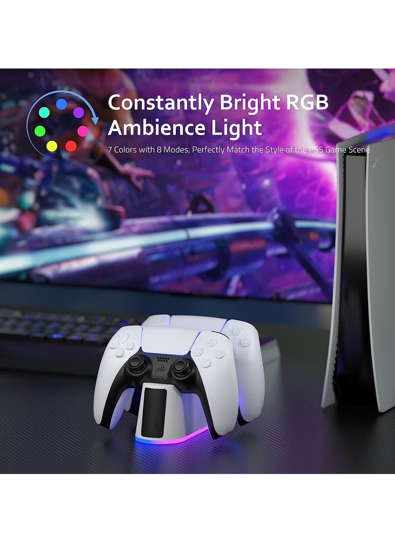 Charger Station for PS5 Controller RGB Light, Fast Charging Dock for PlayStation 5 Controller, LED Indicator, Click-in Design, Safe Intelligent Protection for PS5 Controller