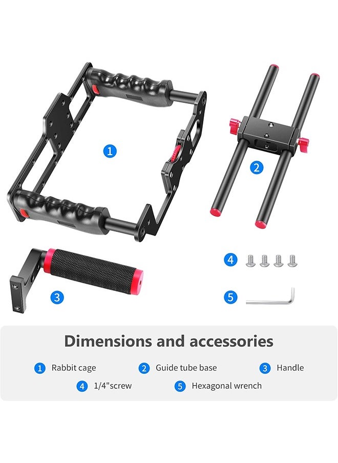 NEEWER Camera Video Cage Film Movie Making Kit, Aluminum Alloy with Top Handle, Dual Hand Grip, Two 15mm Rods, Compatible with Canon Sony Fujifilm Nikon DSLR Camera and Camcorder (Black + Red)