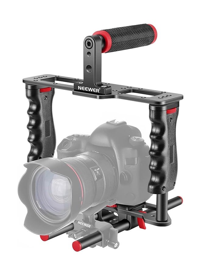 NEEWER Camera Video Cage Film Movie Making Kit, Aluminum Alloy with Top Handle, Dual Hand Grip, Two 15mm Rods, Compatible with Canon Sony Fujifilm Nikon DSLR Camera and Camcorder (Black + Red)